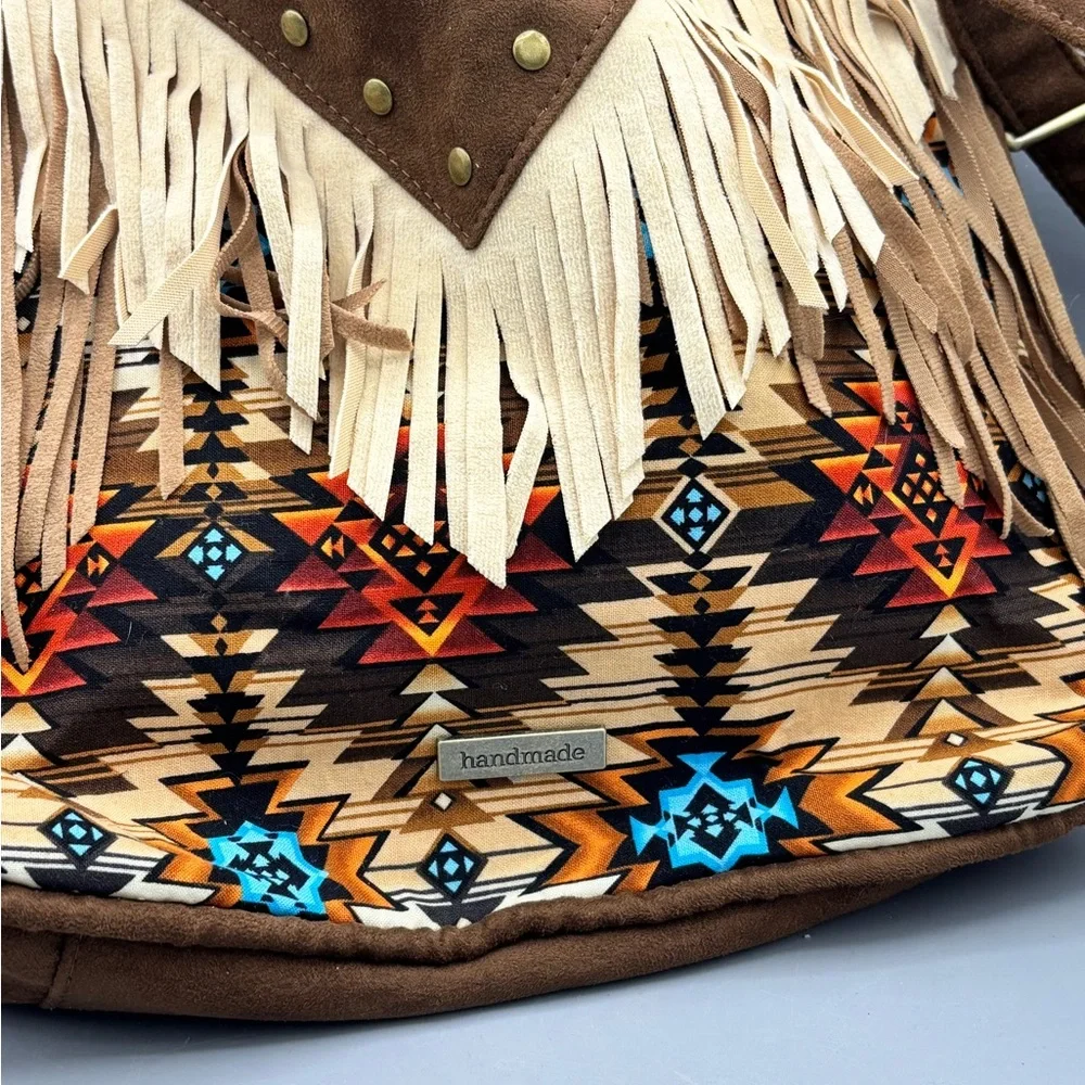 Hand Crafted Brown Crossbody Bag with Fringe and Tribal Design - Picture 4 of 5
